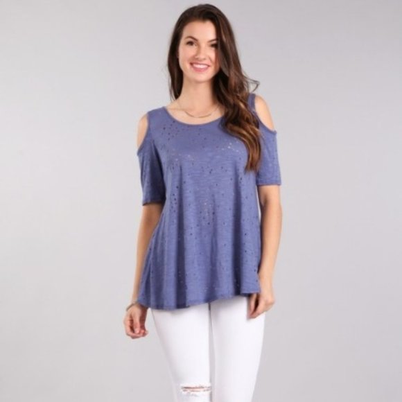 Chris and Carol Tops - Cold Shoulder Navy Top with Cut-outs